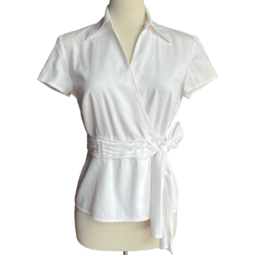 Laura Petites White Wrap Blouse Ruched Tie Waist Top S-M